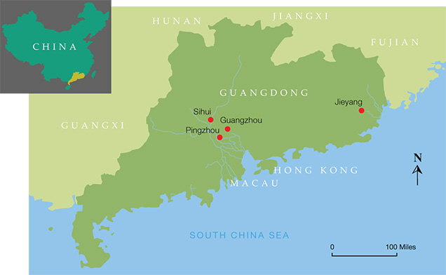 Guangzhou, Jieyang, Sihui, and Pingzhou are the four jadeite manufacturing and trading centers in Guangdong Province, China.