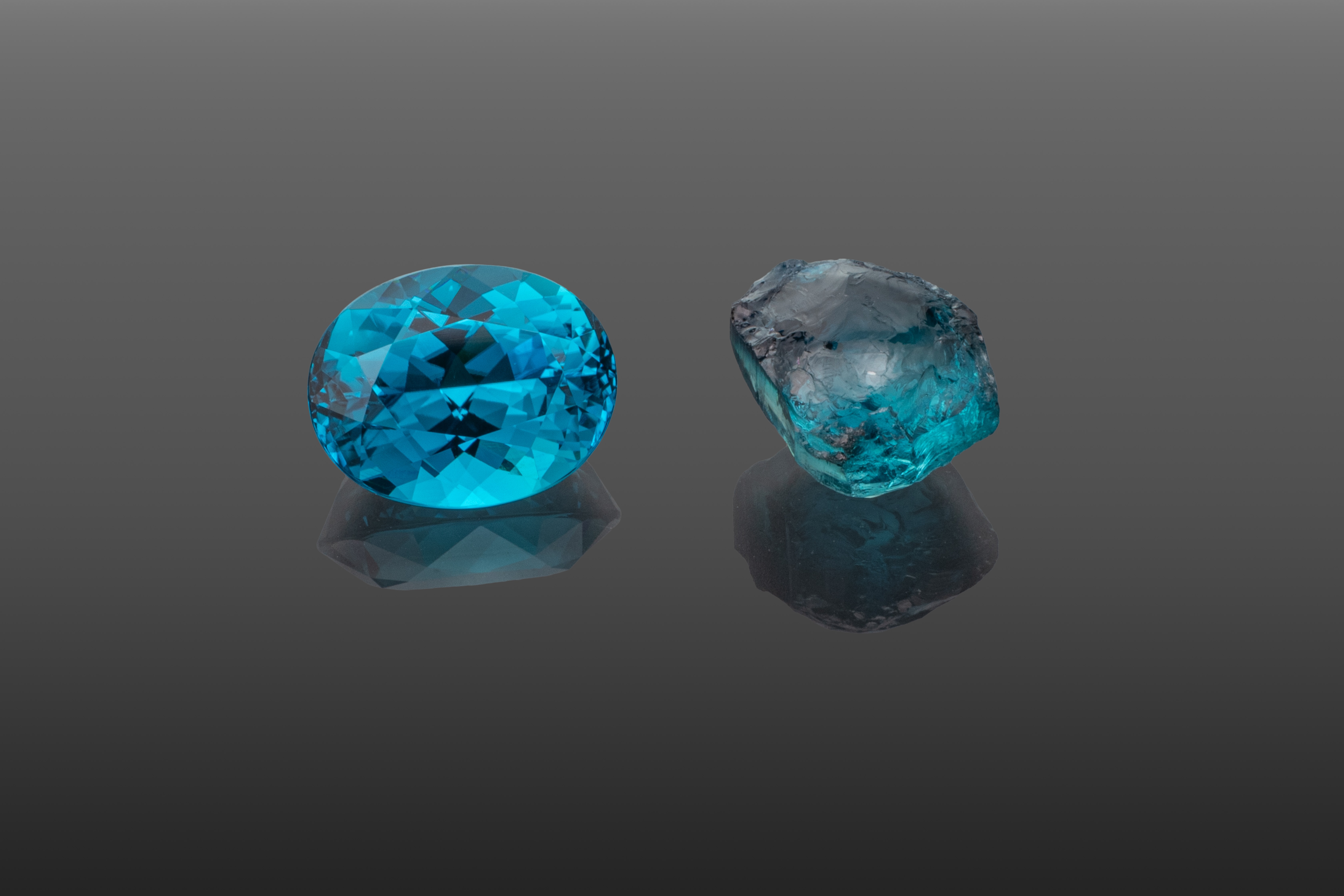 7.64 ct faceted stone and 8.70 ct rough stone, blue paraiba tourmaline from Ethiopia